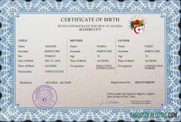 Imprimível modelo PSD de certidão de nascimento de registro vital da Argélia